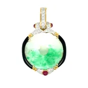 18k Yellow Gold Carved Jade, Diamond, Onyx Ruby Pendant Enhancer