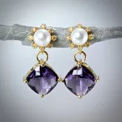 Alanna - Purple and Champagne Pearl and CZ Bridal Earrings - Gold
