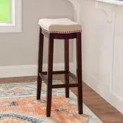 Beige Linen Backless Bar Stool, Nailhead Trim, Dark Walnut Finish, Single