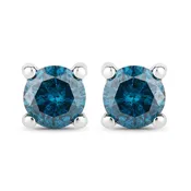 0.35 Cttw Round Teal Blue Diamond Rhodium Plated Silver Solitaire Stud Earrings