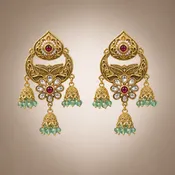 Antique Gold Kundan-Style Chandbali Triple Jhumka Earrings