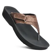 AEROTHOTIC L0350 BROWN SHIMMER THONG SANDALS WITH ARCH SUPPORT AND ADJUSTABLE STRAP