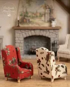 1/12 Scale Miniature Armchair Sofa Model – Vintage Floral Fabric Dollhouse Living Room Single Chair with Wooden Frame