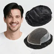 French Lace With PU Human Hair System For Men Natural Hairline Bleached  Knots Toupee for Men | Black