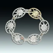 “And on the 7th day he rested” sterling silver, 14k gold, sunstone and diamond bracelet