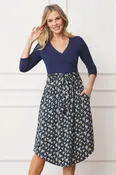3/4 Sleeve Surplice Contrast Floral Midi Dress with Sash | 2 Colors | S-3X