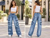 AMERICAN BAZI WOMEN'S MULTI POCKET CARGO WIDE LEG JEANS
