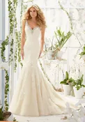 Crystal Beaded Edging Meets the Cascading Alencon Lace Appliques on Net Over Soft Satin Morilee Bridal Wedding Dress — Celebrations Bridal and Formal