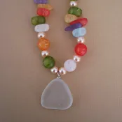 Multi Color Beaded Necklace with White Sea Glass Pendant