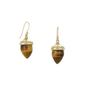 10k Carved Tiger's Eye Acorn Drop Earrings