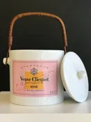 6" Pink Veuve Ice Bucket with Rattan Handle, White