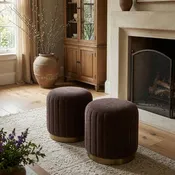 Casa Bella Chocolate Ribbed Upholstered Stool with Antique Gold Base