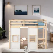 Hochbett aus Holz in Einzelbettgröße mit integriertem Kleiderschrank mit Stauraum und Rausfallschutz