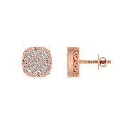 10K Rose Gold Round Baguette Diamond Square Shape Designer Mens Stud Earring 1/3 Cttw