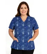 Blue with Pink Classical print Top v neck 2 pocket half sleeves in Poplin Fabric 35% Cotton 65% Polyester