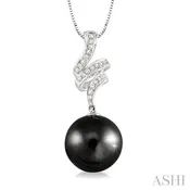 10 MM Black Cultured Pearl and 1/8 Ctw Round Cut Diamond Pendant in 14K White Gold with Chain