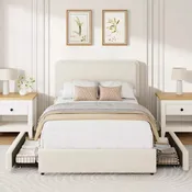 Cadre de lit en polaire Teddy, cadre de lit crème nuage avec 2 tiroirs de rangement et tête de lit réglable, tissu Teddy doux, aucun sommier tapissier requis, assemblage facile