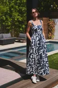 Art Geo Open Back Smocked Dress in New Navy