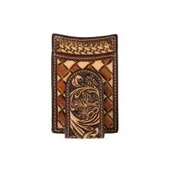 3D Men's Hand Tooled Floral/Basketweave Tan Money Clip Style Wallet