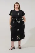 Black Floral Puff Sleeve Midi Dress