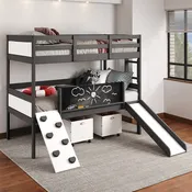 Art & Play Dark Grey Twin Bunk Bed with Slide and Storage – Two Junior White Toy Boxes