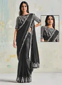 Black Satin Silk Ready-to-Wear Saree with Stitched Blouse