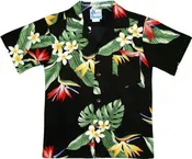 BOP Plumeria Boys Tropical Hawaiian Aloha Shirt in Black