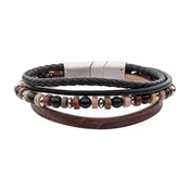 Brown & Black Leather with Black Onyx & Bloodstone Bead Multi-Strand Bracelet
