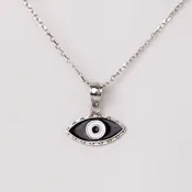 14K White Gold Black Enamel Evil Eye Pendant Necklace Adjustable 16-18 Inch Cable Chain — Avior Jewelry