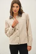 Cotton Button Up Jacket W/ Leather Collar