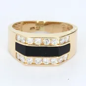 14k Gold Signet Ring with Black Center Stone Bar &amp; Diamonds
