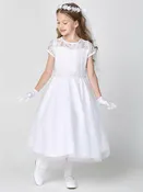 190 Girls White First Communion Dress w/ Lace Bodice & Tulle Skirt