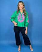 Bahama Bloom Embroidered Ruffle Collar 3/4 Sleeve Top