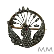 14K Rose Gold Peacock Brooch with Seed Pearls and Ruby Cabochon Eye 1.25"