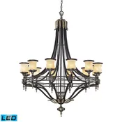 12 Light Chandelier in Antique Bronze and Dark Umber and Marblized Amber Glass - LED'S Offering Up T