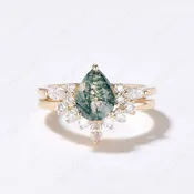 14K Yellow Gold Teardrop Moss Agate Engagement Ring