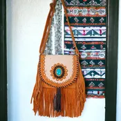 Aztec-Inspired Cowhide Purse with Boho Fringe