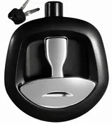 Die Cast Folding Compression "Whale Tail" Latch, 3-pt, key locking w/ padlockable feature, 5.55" L x 5.52" W, LH, black powder coat body/chrome handle, cylinder plug installed, accepts double-bitted key cylinder w/over-molded keys, keyed J203