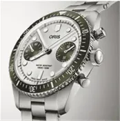 01 771 7791 4051-07 8 20 18  Oris Divers Sixty-Five 40mm Ocean-Green Detailing And A Silver Sunray Dial. Oris Calibre 771, Automatic Chronograph With A 62-Hour Power Reserve. Stainless Steel Case And Bracelet