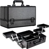 VER Beauty Black Crystal Aluminum Makeup Train Case with 6 Accordion Trays & Key Locks