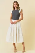 Black/White Textured Patterned Mix Media Tiered Midi Dress