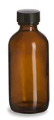 4 oz Amber Boston Round Glass Bottle with Black Cap, empty