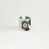 Antique Rhinestone and Bronze Cross Pin, set on a Brazilian Black & White Cowhide Cuff, Cross Concho Closure