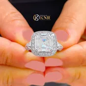 Asscher Cut And Round And Baguettes Cut Side Diamond Engagement Ring IGI Certified 14k Solid White Gold Halo Deco Style Wedding Ring 3.75ctw