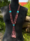 30in. Heishi Lariat Necklace w/ Kingman Turquoise and Spiny Oyster