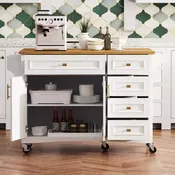 52" Kitchen Island with Drop Leaf, Built-in Racks, Drawers and Adjustable Shelf, on Wheels