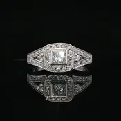 14K White Gold Halo Engagement Ring with Princess Diamond