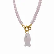 Semiprecious Rose Quartz Beaded Necklace with Rose Quartz Fish Pendant