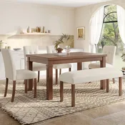 6-Piece Modern Farmhouse Dining Set with Table, 4 Upholstered Chairs & 1 Bench
