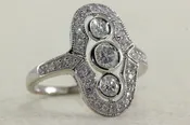 14K WHITE GOLD DIAMOND COCKTAIL RING 3 STONES OVAL LONG 3/4 CT 14CT